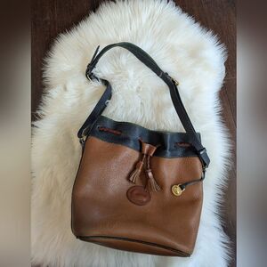 Dooney & Bourke Vintage AWL Leather Teton Shoulder Drawstring Brown Navy Green